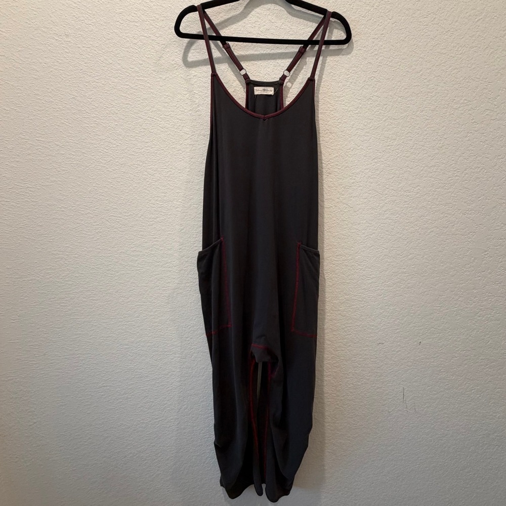 Natural Life Womens Boho Harem Jumpsuit Gray Red Stitching Pockets Large